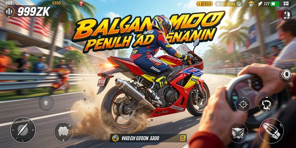 Screenshot gameplay 999ZK menunjukkan balapan motor yang intens.