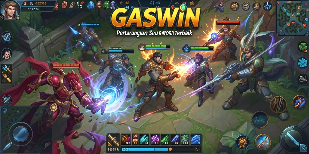 Tampilan gameplay GASWIN yang mendebarkan dengan aksi pertarungan MOBA.