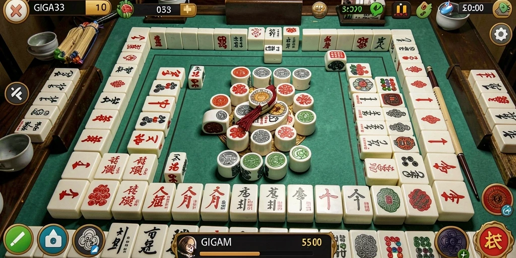 Screenshot gameplay GIGA33, menampilkan suasana permainan Mahjong yang seru.