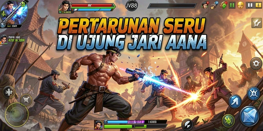 Tampilan gameplay JV88 dengan karakter bertarung di arena yang menegangkan.