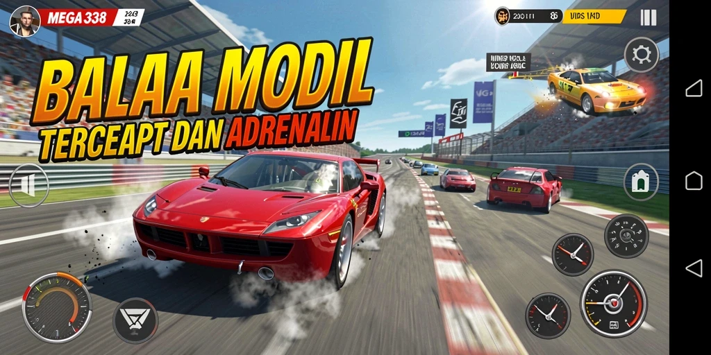 Tampilan gameplay balap mobil yang seru dan menegangkan di MEGA338.