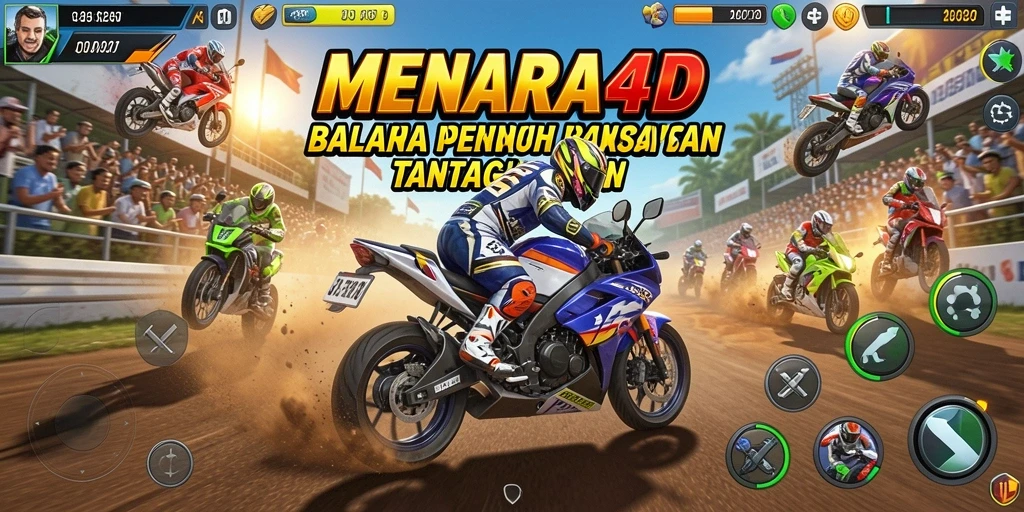 Tampilan utama gameplay MENARA4D dengan balapan motor yang seru.