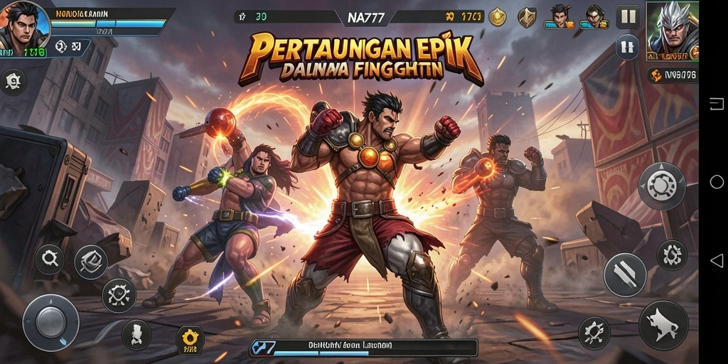 Tampilan epik gameplay NA777 saat karakter bertarung di arena.