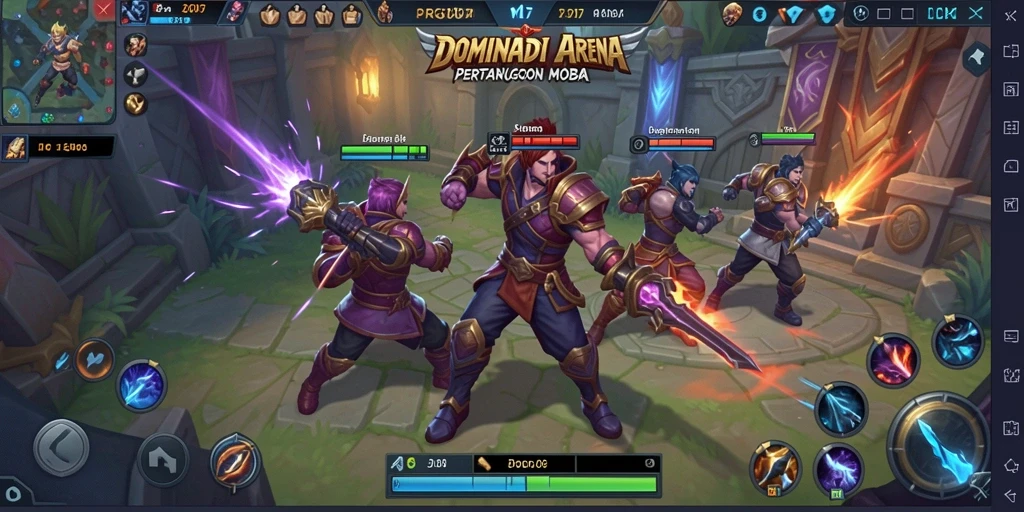 Screenshot gameplay PRG007 menampilkan pertarungan antar hero yang seru.