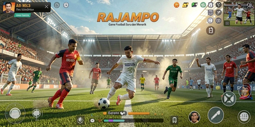 Tangkapan layar RAJAMPO menampilkan aksi gameplay sepak bola yang intens.