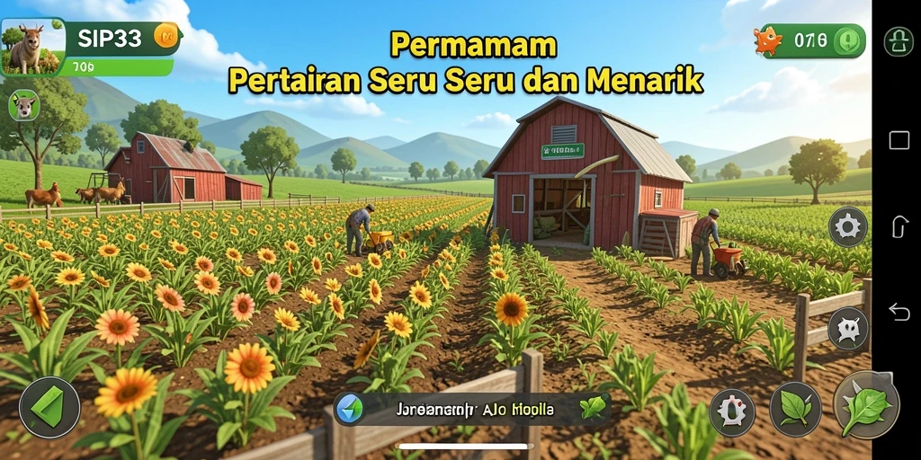 Tampilan gameplay SIP33 yang menampilkan ladang yang subur dan hewan ternak.