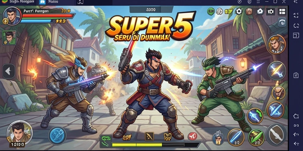 Tangkapan layar utama SUPER5 menunjukkan aksi pertarungan intens.
