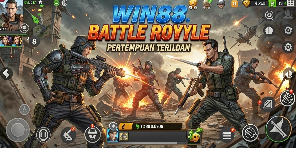 Tangkapan layar gameplay WIN88 menampilkan aksi pertempuran Battle Royale yang intens.